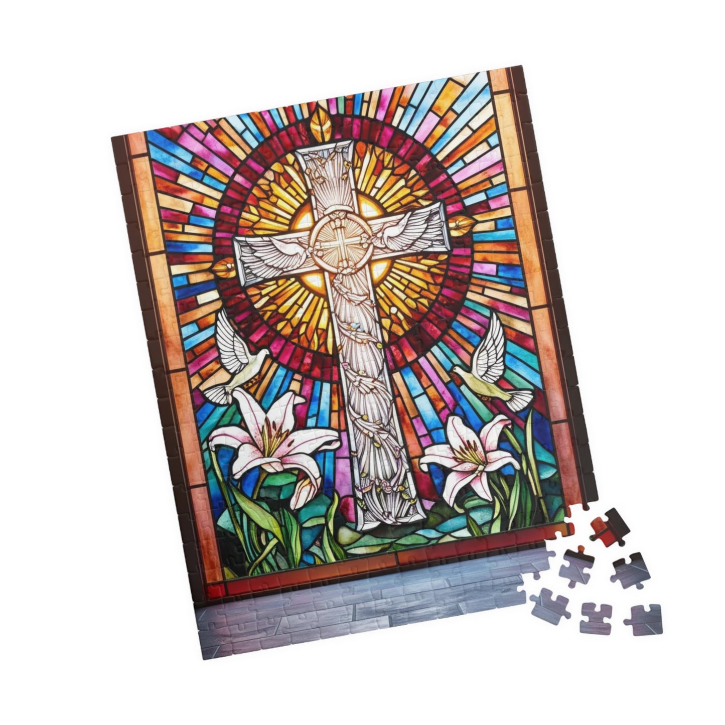 Stained Glass Cross Puzzle (110, 252, 520, 1014-piece), Faith-Based Religious Jigsaw Game, Colorful Puzzle for Christians and Puzzle Lovers
