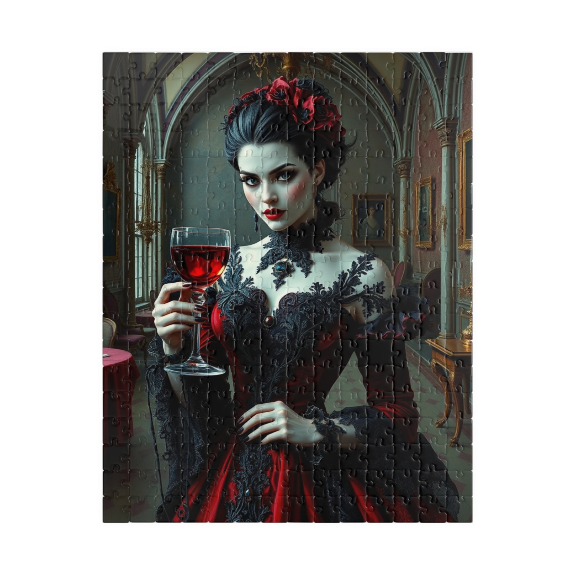 Gothic Vampire Countess Jigsaw Puzzle, Victorian Lady in a Candlelit Castle Ballroom, Dark Fantasy Haunted Mansion Theme, Horror Lover Gift 252 pcs (Vertical) Puzzle The Puzzle Chest