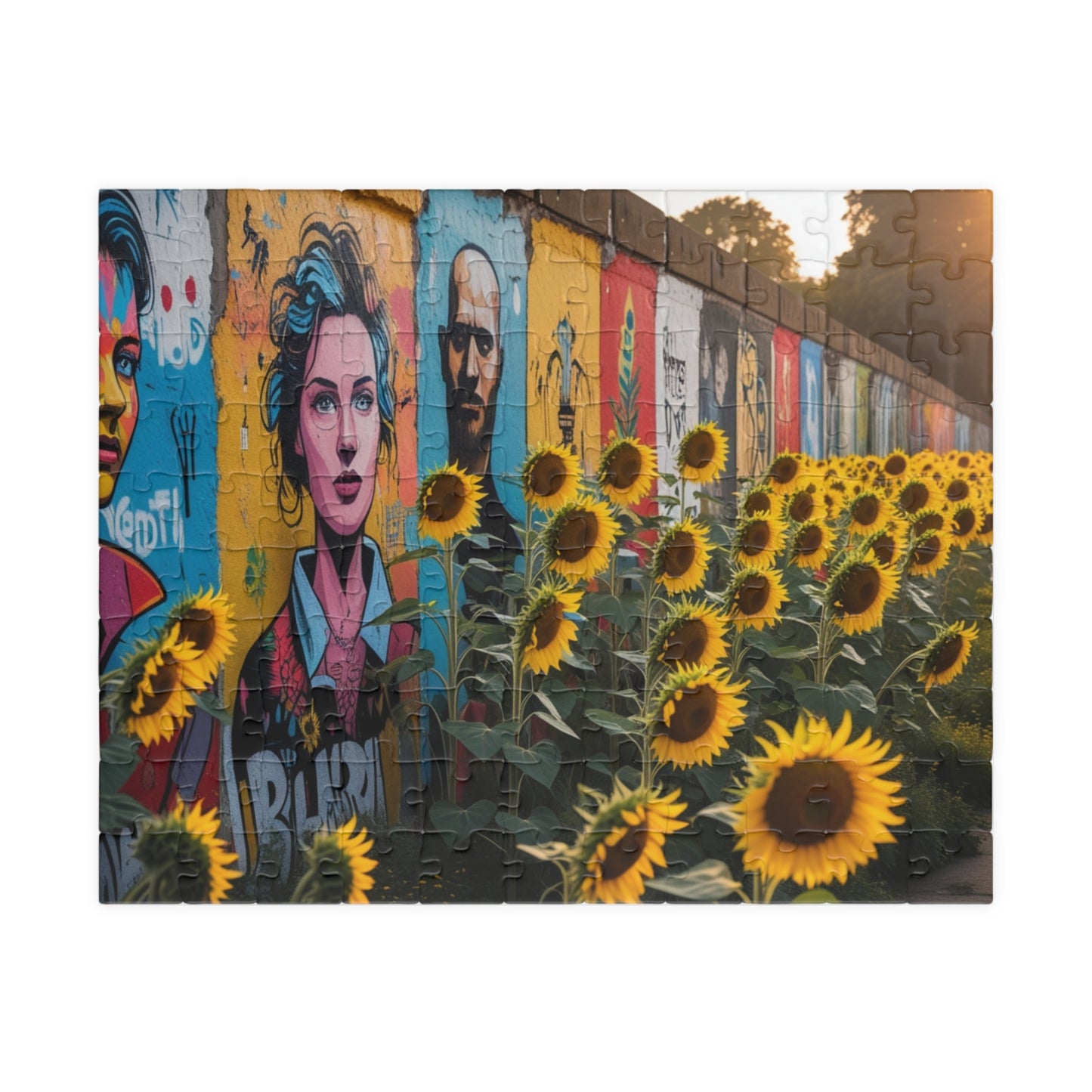 Historical Berlin Wall Jigsaw Puzzle, Vibrant Street Art and Blooming Sunflowers, Hopeful Theme Family Game Night Mindful Activity, Giftable 110 pcs (Horizontal) Puzzle The Puzzle Chest