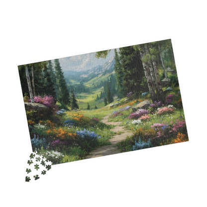 Spring Forest Path Jigsaw Puzzle – Sunlit Wildflower Meadow, Nature Inspired Floral Landscape 1014 pcs (Horizontal) Puzzle The Puzzle Chest
