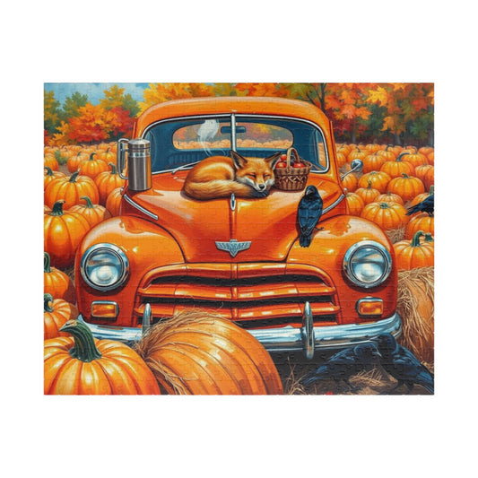 Pumpkin Patch Visit Jigsaw Puzzle - Autumn Themed Vintage Truck with Fox, Family Activity, Fall Decor, Gift Idea, Home Entertainment 520 pcs (Horizontal) Puzzle The Puzzle Chest