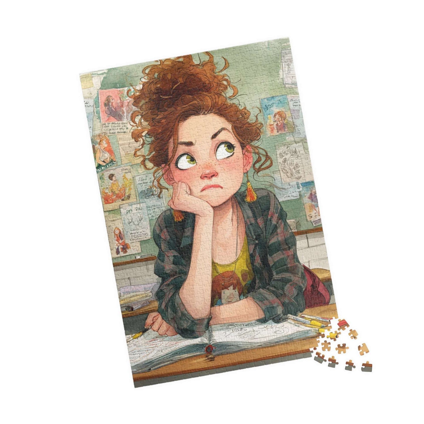 Funny Student Classroom Cartoon Puzzle - Girl at Desk with Whimsical School Background 1014 pcs (Vertical) Puzzle The Puzzle Chest