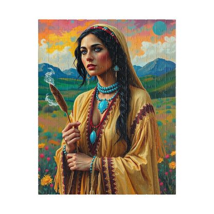 Spiritual Indigenous Bride Puzzle with Turquoise Jewelry and Smudge Stick, Colorful Landscape Wedding Jigsaw Game, Unique Puzzle Lover Gift 252 pcs (Vertical) Puzzle The Puzzle Chest