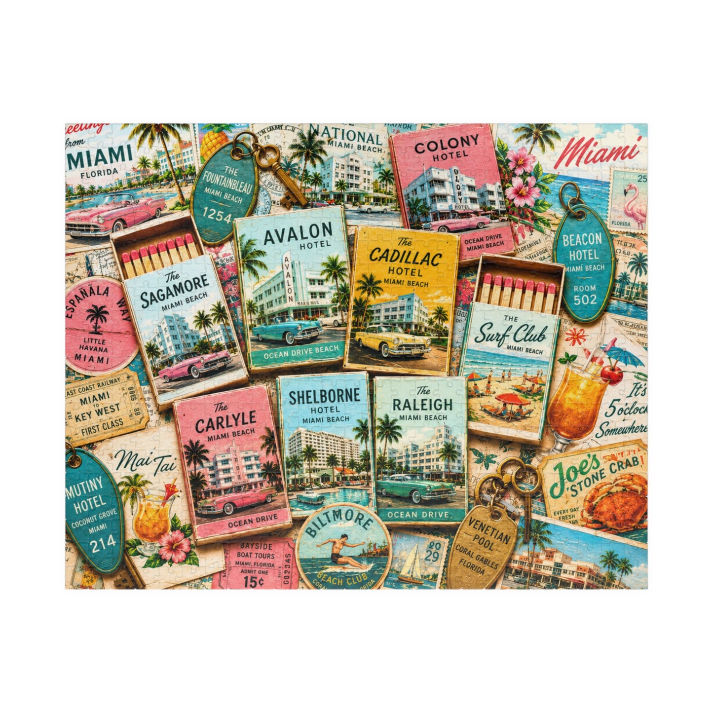 Vintage Miami Matchbook Puzzle | Art Deco Beach Memorabilia Jigsaw | Florida Coastal Tropical Travel Nostalgia