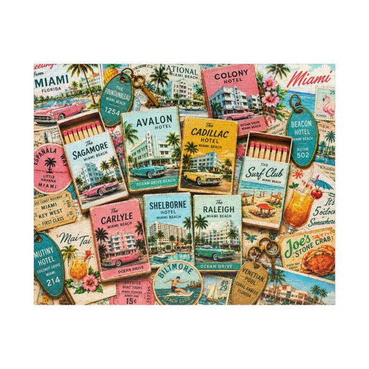 Vintage Miami Matchbook Puzzle | Art Deco Beach Memorabilia Jigsaw | Florida Coastal Tropical Travel Nostalgia