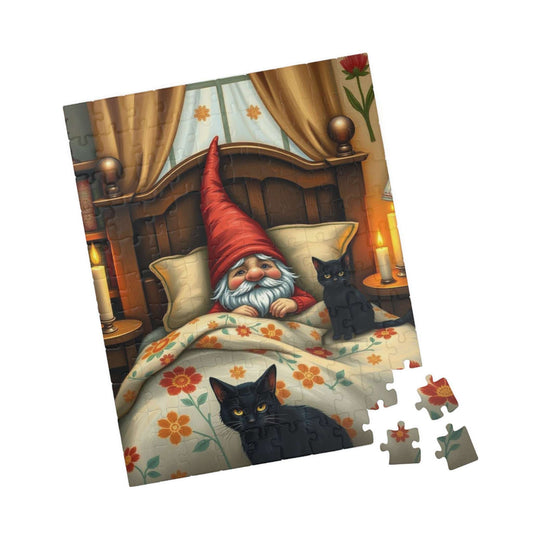 Gnome Sleeping in Cottage Bed with Cats – Folk Art Nighttime Jigsaw Puzzle 110 pcs (Vertical) Puzzle The Puzzle Chest