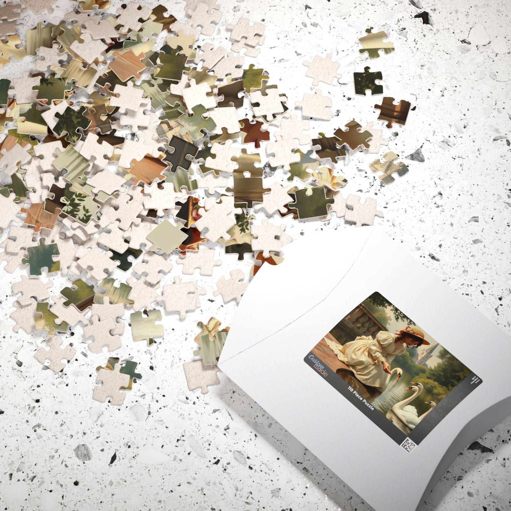 Victorian Lady Feeding Swans by the Pond - Elegant 19th Century Jigsaw Puzzle Scene Puzzle The Puzzle Chest