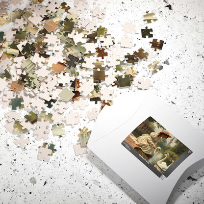 Victorian Lady Feeding Swans by the Pond - Elegant 19th Century Jigsaw Puzzle Scene Puzzle The Puzzle Chest