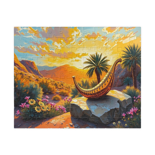 Golden Shofar Jigsaw Puzzle, Desert Oasis Landscape with Palm Trees Wildflowers, Faith-Based Religious Christian Tabletop Game, Jewish Gift