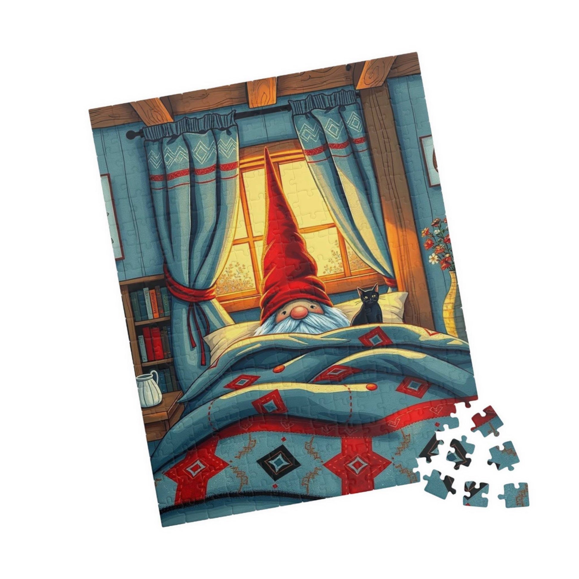 Scandinavian Folk Art Gnome Sleeping Jigsaw Puzzle – Nordic Bedroom Nighttime Scene 252 pcs (Vertical) Puzzle The Puzzle Chest
