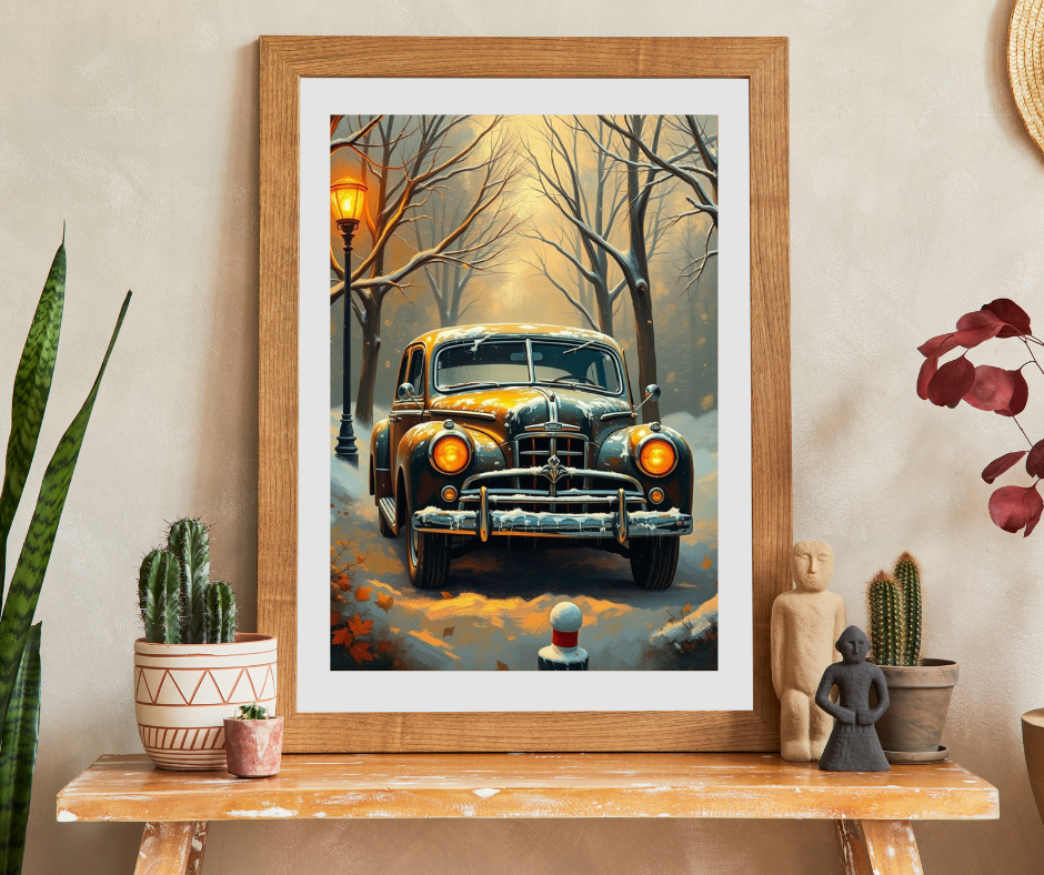 Vintage Car Jigsaw Puzzle Winter Scene, 110 252 520 1014-piece, Christmas Gift, Holiday Activity, Snowy Day Activity, Car Lover Gift, Retro Puzzle The Puzzle Chest