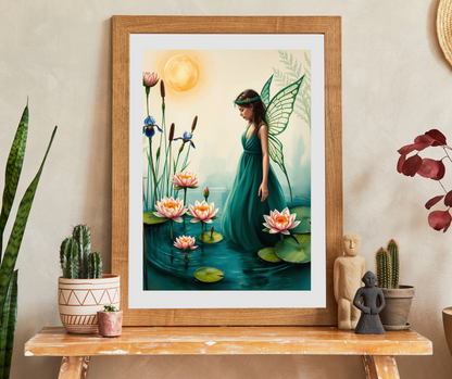 Fairy at the Lily Pond Jigsaw Puzzle - Botanical Fantasy Art in Soft Sage, 110-1014 Piece Mystical Nature Lover Gift, Family Fun Activity