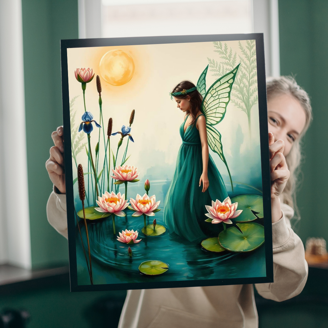 Fairy at the Lily Pond Jigsaw Puzzle - Botanical Fantasy Art in Soft Sage, 110-1014 Piece Mystical Nature Lover Gift, Family Fun Activity