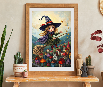 Friendly Flying Folklore - Whimsical Halloween Witch Jigsaw Puzzle, Folk Art Gift for Adult Puzzle Lover Family Game Night Indoor Activity