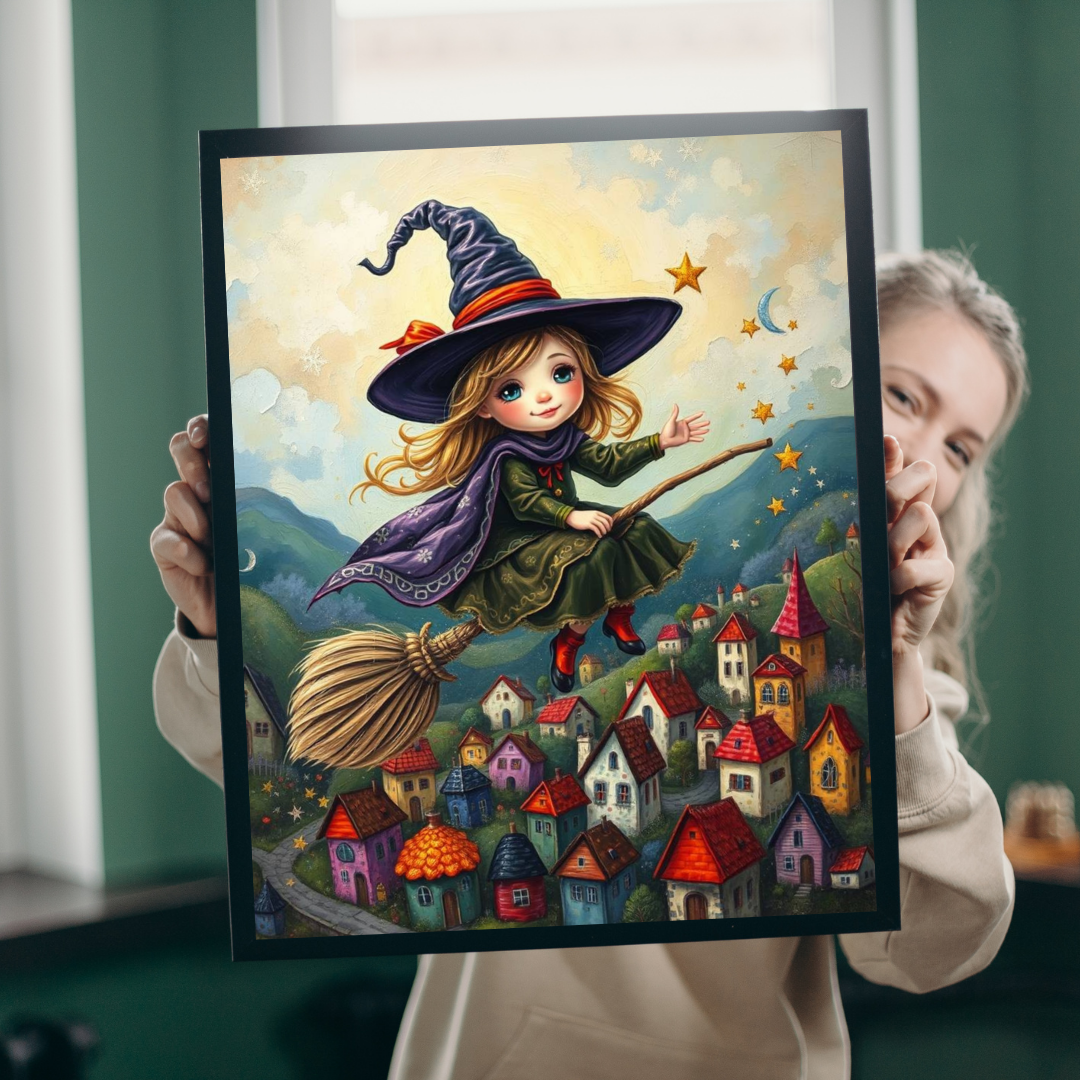 Friendly Flying Folklore - Whimsical Halloween Witch Jigsaw Puzzle, Folk Art Gift for Adult Puzzle Lover Family Game Night Indoor Activity