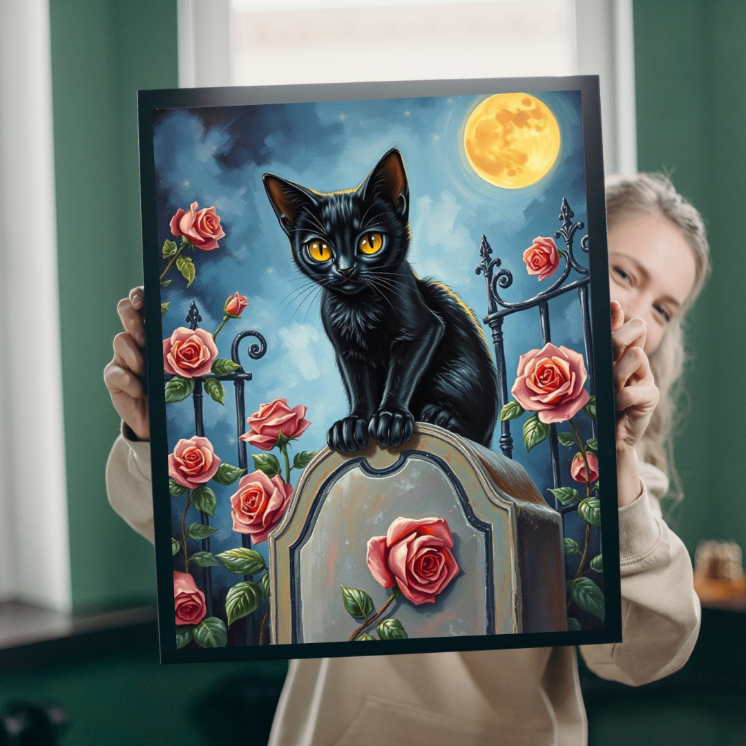 Graveyard Night Stalker Jigsaw Puzzle - Black Cat on Moonlight Gravestone, Halloween Game, Gift for Cat Lover, Challenging Family Activity