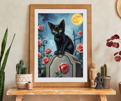 Graveyard Night Stalker Jigsaw Puzzle - Black Cat on Moonlight Gravestone, Halloween Game, Gift for Cat Lover, Challenging Family Activity