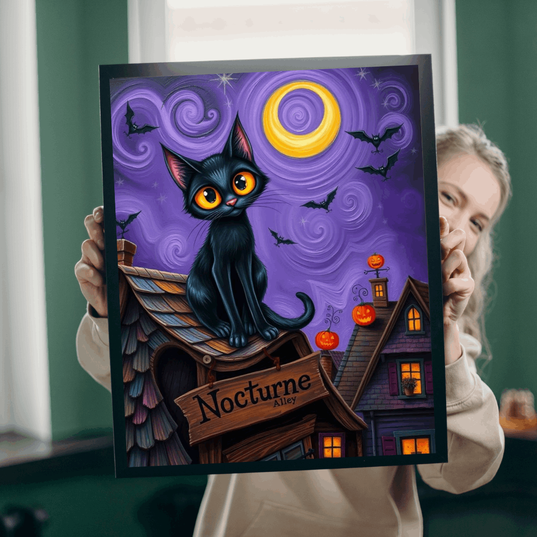 Crooked Rooftop Cat Jigsaw Puzzle, Halloween Black Cat 110, 252, 520, 1014-Piece, Spooky Moon Design, Game Night Activity, Family Fun