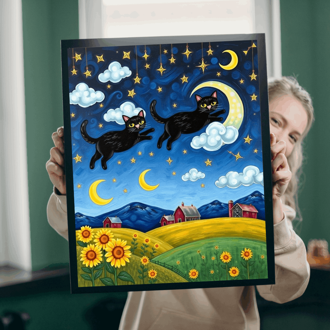 Starry Cat Chase Jigsaw Puzzle - Black Cats and Sunflowers, 110-1014 Piece Whimsical Cat Lover Gift, Brain Teaser Game, Indoor Hobby, Family