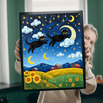 Starry Cat Chase Jigsaw Puzzle - Black Cats and Sunflowers, 110-1014 Piece Whimsical Cat Lover Gift, Brain Teaser Game, Indoor Hobby, Family