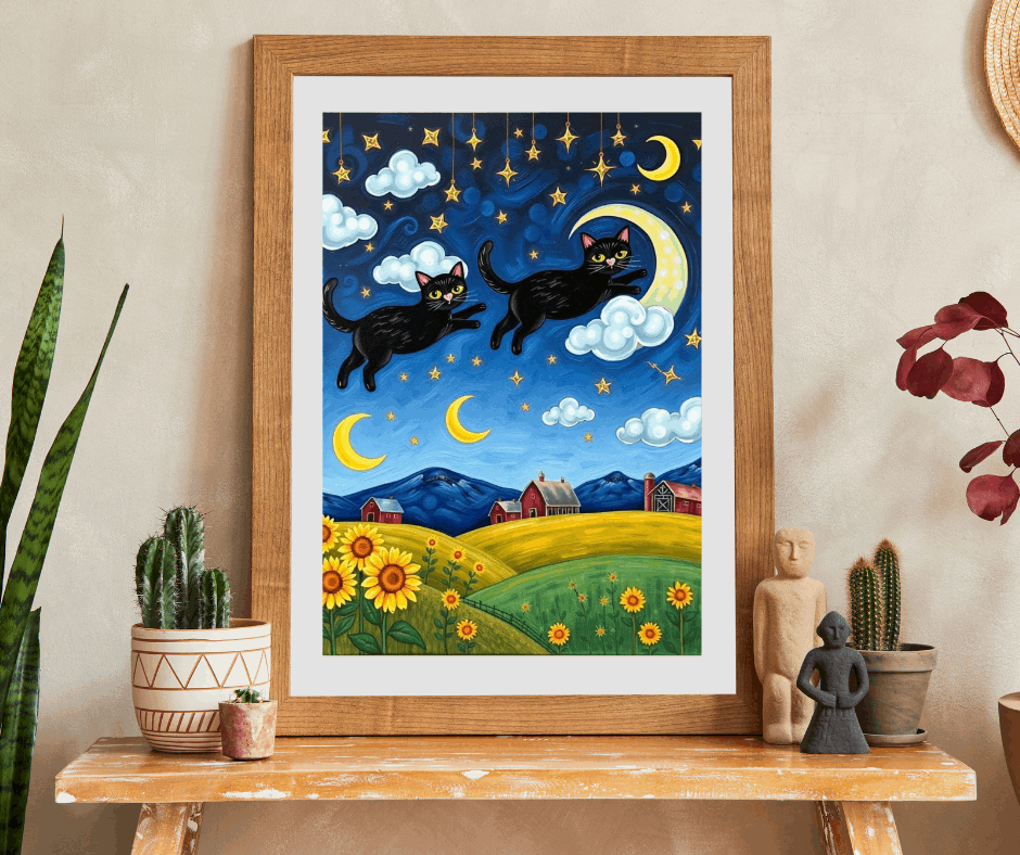 Starry Cat Chase Jigsaw Puzzle - Black Cats and Sunflowers, 110-1014 Piece Whimsical Cat Lover Gift, Brain Teaser Game, Indoor Hobby, Family