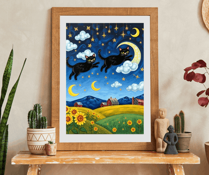 Starry Cat Chase Jigsaw Puzzle - Black Cats and Sunflowers, 110-1014 Piece Whimsical Cat Lover Gift, Brain Teaser Game, Indoor Hobby, Family