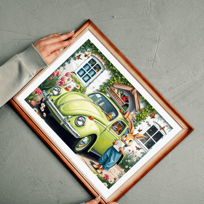 Springtime Garden Delivery Vintage Car Puzzle, Classic Retro Auto Jigsaw Game with Easter Rabbit Puzzle The Puzzle Chest