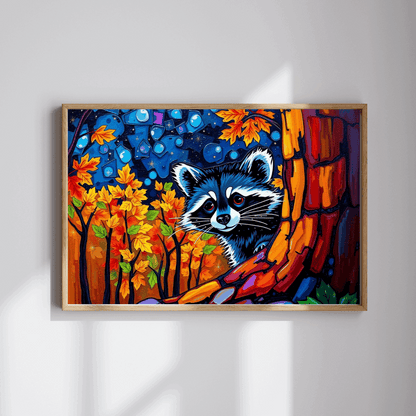 Autumn Nightscape Raccoon Puzzle, Colorful Nature Jigsaw for Solo or Family Fun, Birthday Gift for Animal Lover, Cozy Night In Entertainment