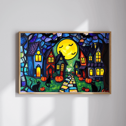 Halloween Puzzle for Adults - Spooky Village Black Cat Scene