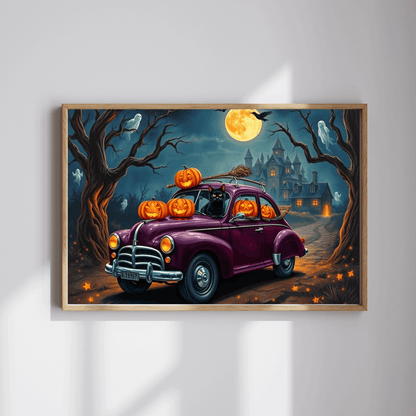 Halloween-Themed Vintage Car Jigsaw Puzzle with Cats, Ghosts and Pumpkins