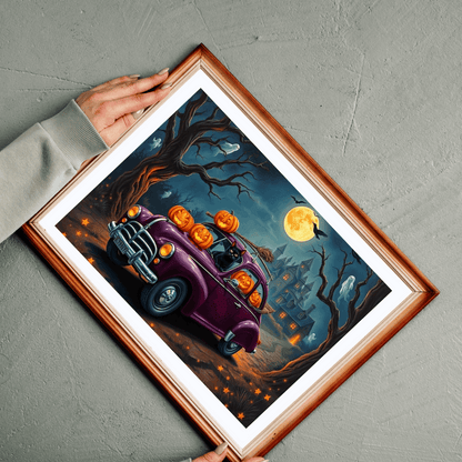 Halloween-Themed Vintage Car Jigsaw Puzzle with Cats, Ghosts and Pumpkins