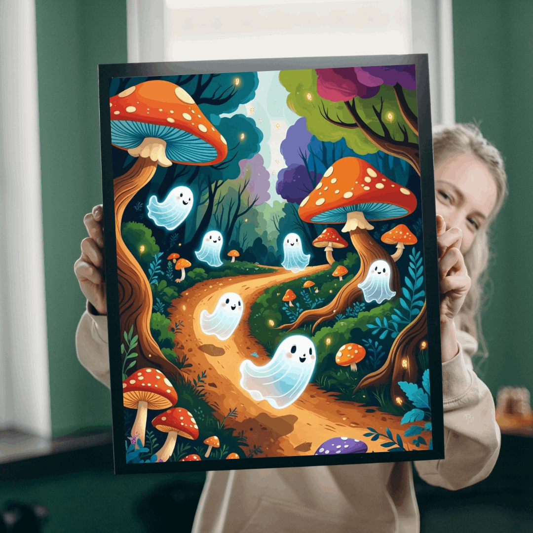 Mystical Forest Ghost Parade Jigsaw Puzzle - Enchanting Ghosts and Mushrooms Halloween Puzzle