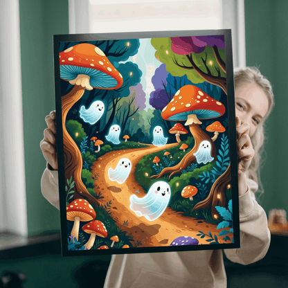 Mystical Forest Ghost Parade Jigsaw Puzzle - Enchanting Ghosts and Mushrooms Halloween Puzzle
