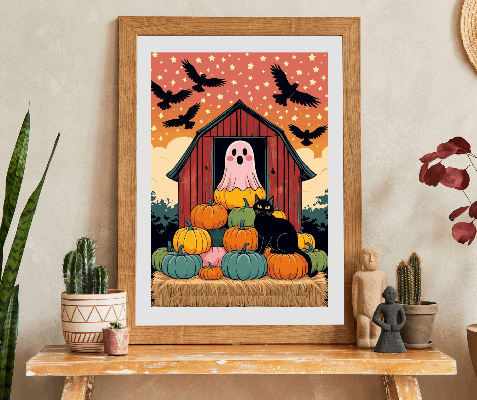 Haunted Barn Halloween Jigsaw Puzzle - Ghost, Cat and Pumpkin Barnyard Scene
