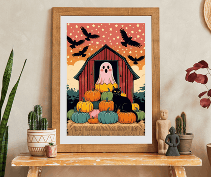 Haunted Barn Halloween Jigsaw Puzzle - Ghost, Cat and Pumpkin Barnyard Scene