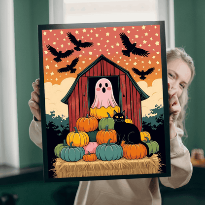 Haunted Barn Halloween Jigsaw Puzzle - Ghost, Cat and Pumpkin Barnyard Scene