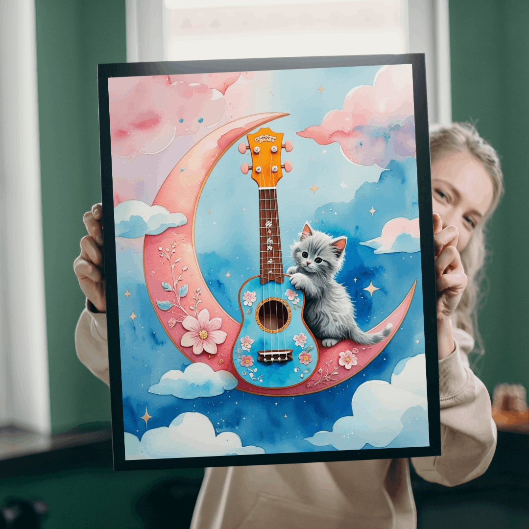 Whimsical Ukulele Cat on Crescent Moon Jigsaw Puzzle, Musical Theme Gift for Music Lover Musician Music Teacher and Cat Fan, Indoor Activity