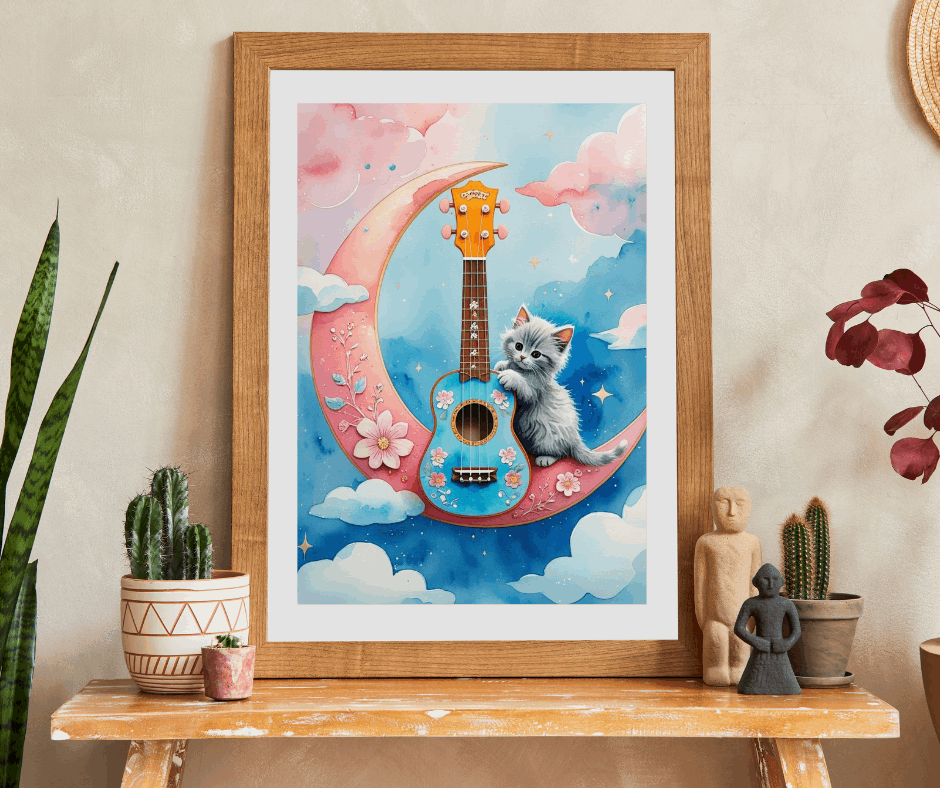 Whimsical Ukulele Cat on Crescent Moon Jigsaw Puzzle, Musical Theme Gift for Music Lover Musician Music Teacher and Cat Fan, Indoor Activity