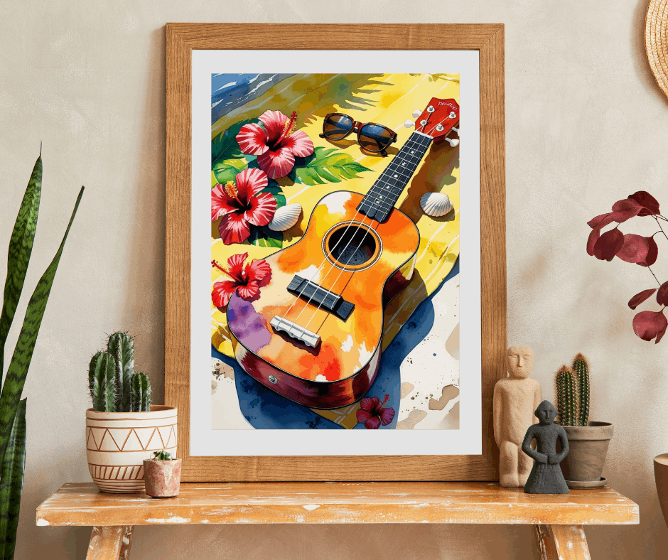 Tropical Beach Ukulele Puzzle with Hibiscus, Seashells, Sunglasses - Summer Gift for Music Lovers, Beach Fans and Relaxing Vacation Vibes