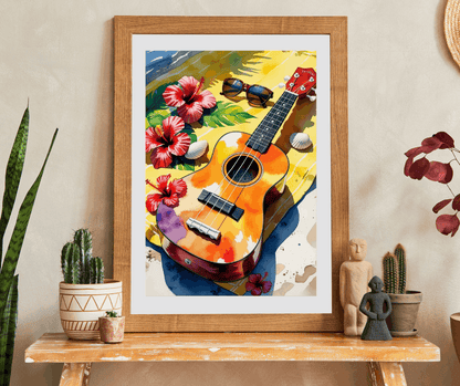Tropical Beach Ukulele Puzzle with Hibiscus, Seashells, Sunglasses - Summer Gift for Music Lovers, Beach Fans and Relaxing Vacation Vibes