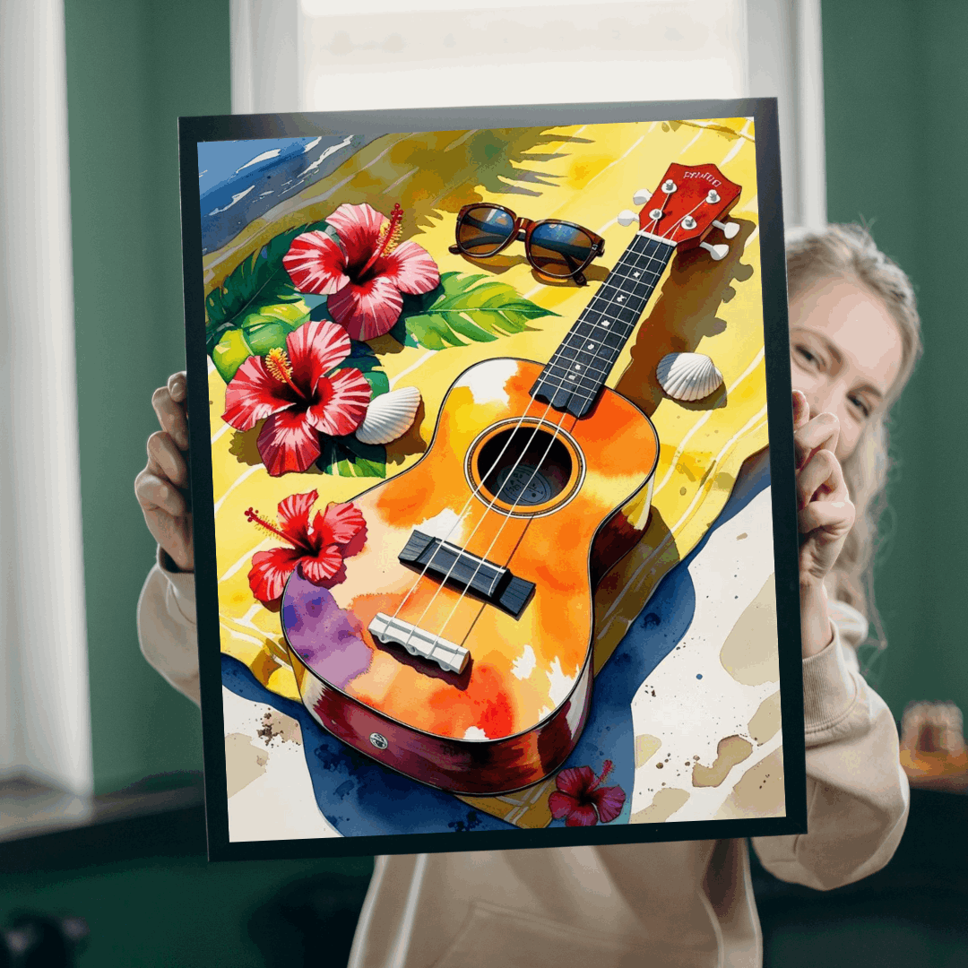 Tropical Beach Ukulele Puzzle with Hibiscus, Seashells, Sunglasses - Summer Gift for Music Lovers, Beach Fans and Relaxing Vacation Vibes