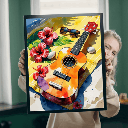 Tropical Beach Ukulele Puzzle with Hibiscus, Seashells, Sunglasses - Summer Gift for Music Lovers, Beach Fans and Relaxing Vacation Vibes