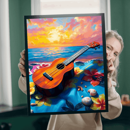 Ukulele Beach Vibes Jigsaw Puzzle - Tropical Hibiscus Towel, Seashells & Sunglasses, Holiday Birthday Gift for Music Lover, Musician