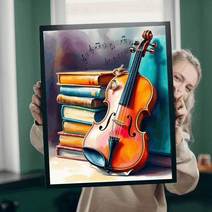 Vintage Violin and Books Jigsaw Puzzle - Musical Notes Swirl Design, Gift for Music Lover, Teacher, or Classical Fans, Entertainment Game