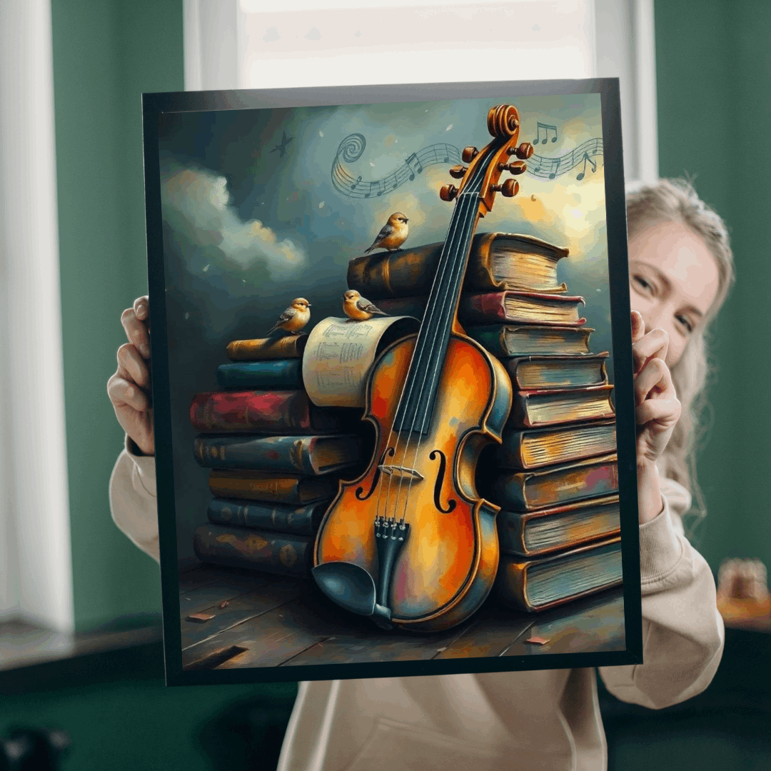 Violin and Storybooks Jigsaw Puzzle with Birds and Music Notes - Gift for Musician, Book Lover, or Teacher, Musical Instrument Puzzle