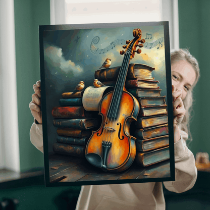 Violin and Storybooks Jigsaw Puzzle with Birds and Music Notes - Gift for Musician, Book Lover, or Teacher, Musical Instrument Puzzle