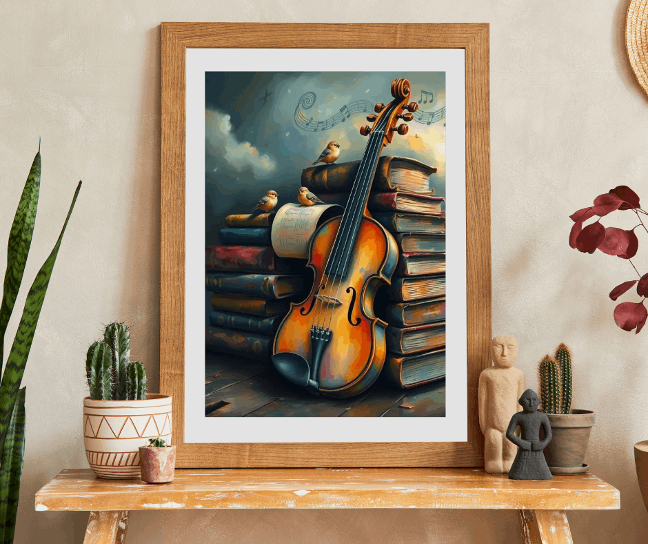 Violin and Storybooks Jigsaw Puzzle with Birds and Music Notes - Gift for Musician, Book Lover, or Teacher, Musical Instrument Puzzle