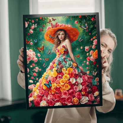Lady of the Rainbow Rose Garden - Vibrant Floral Butterfly Fantasy Jigsaw Puzzle