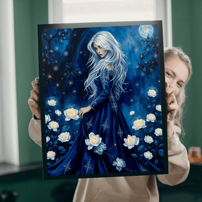 Lady of the Midnight Garden - Moonlit White Rose Jigsaw Puzzle