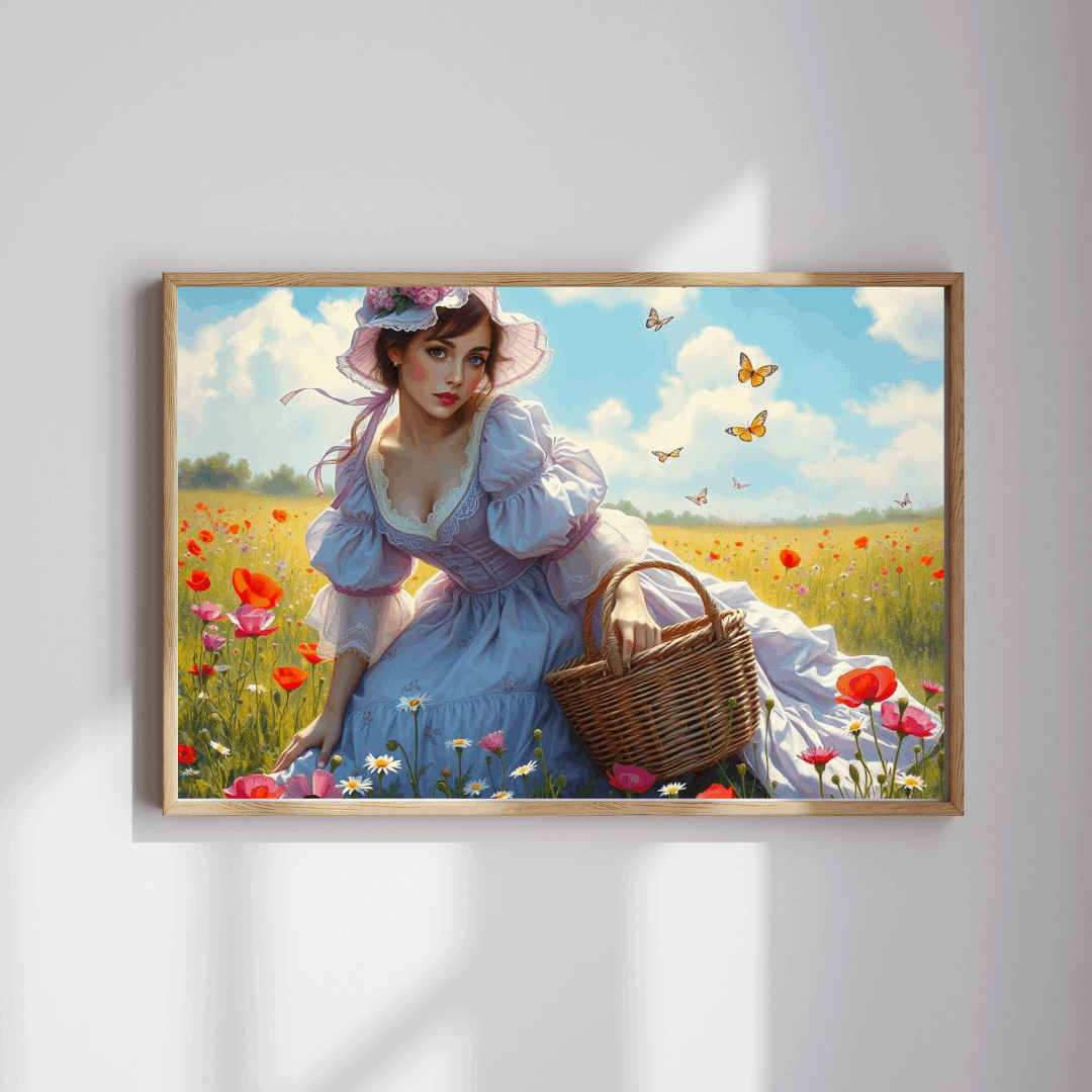 Victorian Elegance in Bloom - 19th-Century Woman in Wildflower Field Jigsaw Puzzle, Vintage-Inspired Scene Puzzle The Puzzle Chest
